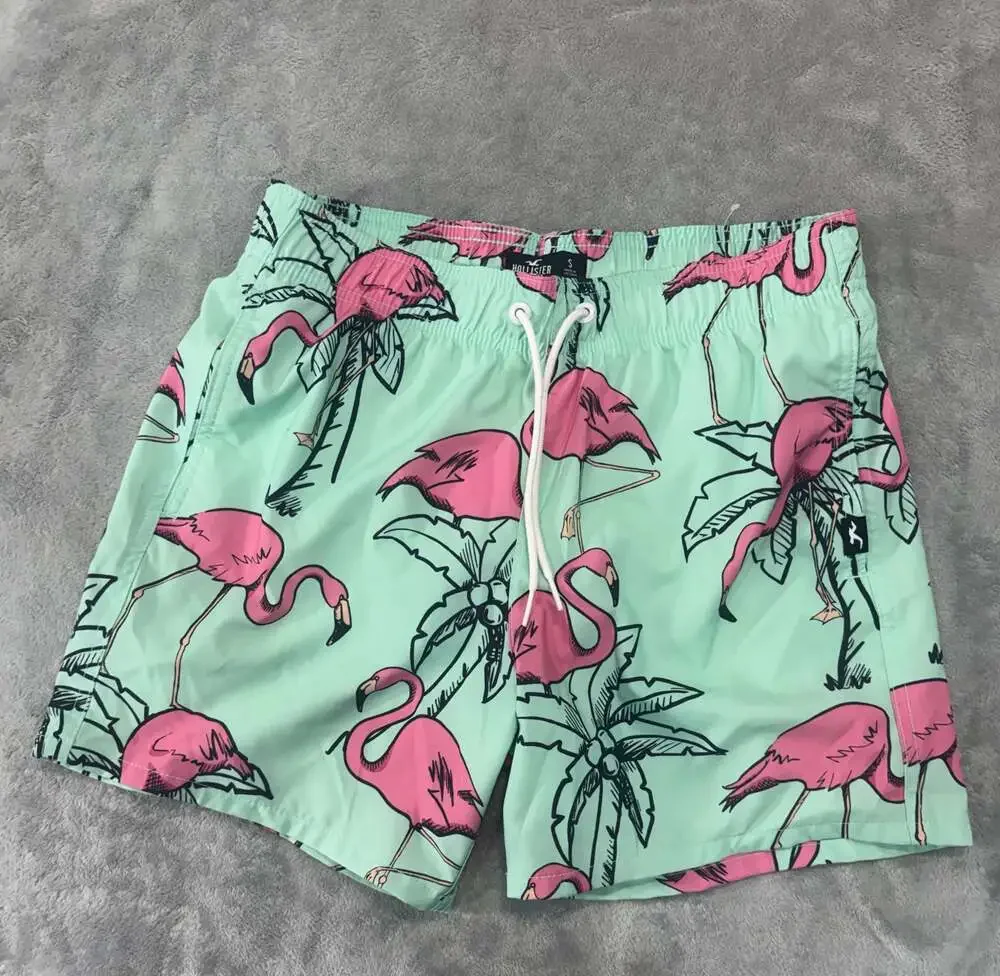 Hollister Flamingo & Palm Tree Print Mint Green Mesh Lined Swim Trunks Size S